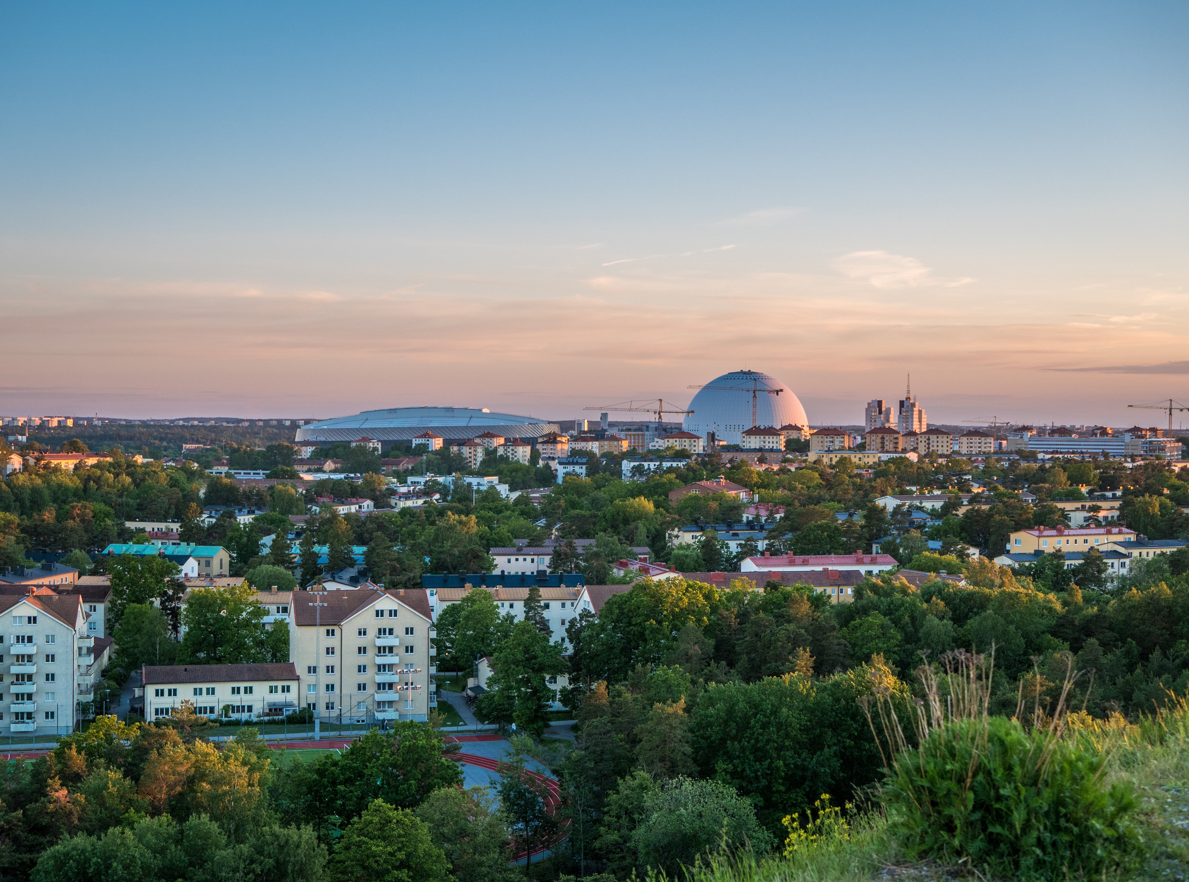 Panoramic view of Globen and Nya Söderstadion in south of Stockholm.